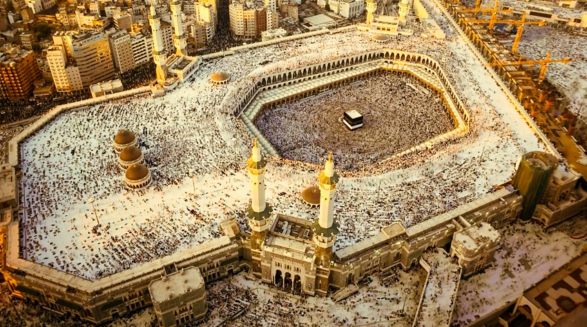 Pilgrims in white Ihram garments at Mina, Hajj